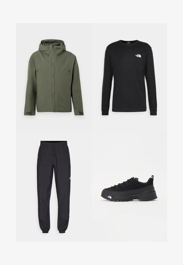 Olive rohelise värvi jakk, millel on tõmblukuga sulgus, regulaarne kapuuts ja kaks tõmblukuga esikotti. Minimalistlik disain tekstuurse kangaga.; Musthave musta pika varrukatega t-särk, mis on valmistatud puuvillast. Esiplaanil on valge logo vasaku rinna kohal ning ribitekkide detailid. Särk on sileda tekstuuriga ja ümar lõikega kaelusega.; Mustavad sportlikud püksid, mis on valmistatud kergest kangast, joonlauaga taljest, küljetaskudega ja kitsenevate varrukatega pahkluude juures.; Must musta jalats, millel on sametised ülemused, tekstuuriga kummist põhi ja vastupidav sidumise süsteem. Omab tugevdust kannaosas ja brändi logo küljes.