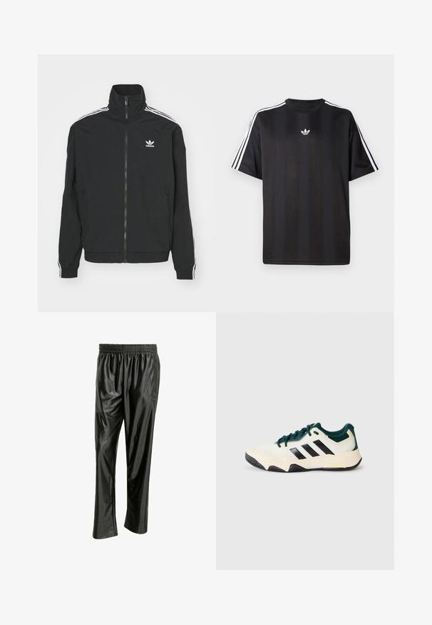 Μαύρο μπουφάν με ψηλό γιακά, κλείσιμο με φερμουάρ και δύο πλαϊνές τσέπες. Λευκές λωρίδες τριών γραμμών στις μανσέτες και μικρό λογότυπο στο στήθος.; Μαύρο κοντομάνικο μπλουζάκι με λευκές τρεις ρίγες στους ώμους και μικρό λευκό λογότυπο στο στήθος. Λείο υφασμάτινο φινίρισμα.; Μαύρο, γυαλιστερό αθλητικό παντελόνι κατασκευασμένο από λεία, συνθετική ύλη. Διαθέτει ελαστική μέση και τσέπες με φερμουάρ στο πλάι. Χαλαρή εφαρμογή.; Λευκό και σκούρο πράσινο αθλητικό παπούτσι με μαύρες ρίγες, υφασμάτινη σόλα και κορδόνια στο μπροστινό μέρος, πάνω σε απλό ανοιχτό γκρι φόντο.