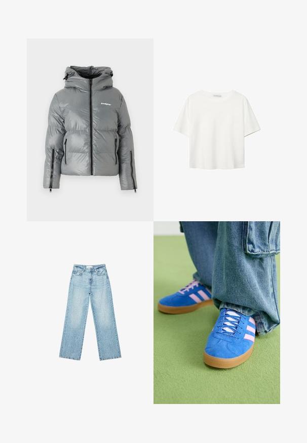 Šedá puffová bunda s kapucňou, s predným zipsom, dvomi bočnými zipsovými vreckami a logom na hrudníku. Hladký, lesklý materiál.; Biela krátkopsová tričko vyrobené z bavlny. Má okrúhly výstrih a voľný strih. Hladká textúra bez viditeľných vzorov alebo akcentov.; Svetlomodré džíny s širokými nohavicami a vysokým pásom, so zosvetlenou úpravou a malými, rozptýlenými poškodenými detailmi po celom obvode.; Modré semišové topánky s ružovými pruhmi a bielymi šnúrkami, s gumenou podrážkou, skombinované s voľnými džínsami na zelenej ploche.