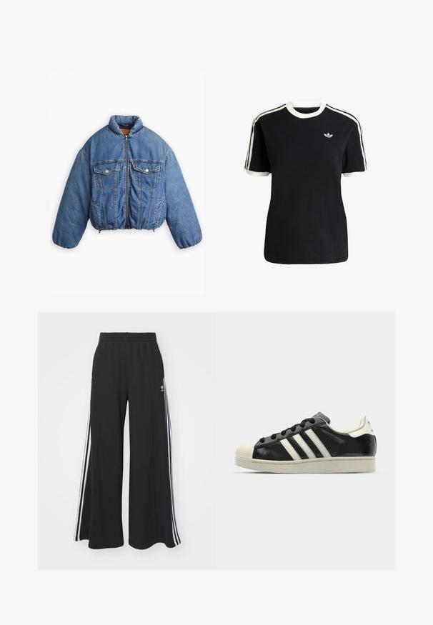 Levi's® 90S PADDED TRUCKER - Jeansjacke - blue denim; Schwarzes Baumwoll-T-Shirt mit weißen Akzenten am Kragen und an den Ärmeln, ausgestattet mit drei weißen Streifen auf jeder Schulter und einem kleinen Logo auf der Brust.; Schwarze weite Sweatpants mit elastischem Bund, versehen mit weißen Seitestreifen und einem gestickten Logo auf dem linken Oberschenkel.; Schwarze Ledersneaker mit weißen Streifen, Gummikappe, schwarzen Schnürsenkeln und einer cremefarbenen Sohle. Glatte Textur mit glänzender Oberfläche.