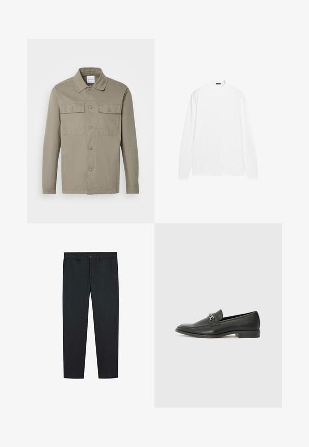 Ljus khaki knapp-up skjorta, bomullsblandning, långa ärmar, två bröstfickor med flikar, klassisk krage, jämn textur och minimalistisk design.; Vitt långärmat skjorta med rund hals, gjord av slät bomullstyg. Har ribbade ärmslut och rak fåll, inga synliga mönster.; Svarta byxor med rak ben-design, tillverkade av ett mjukt tyg. Har två framfickor och en knäppning i midjan.; Svart läderloafers med en slät yta, med en sydd design och en dekorativ metallkedjeaccent över västen. Platt häldesign.