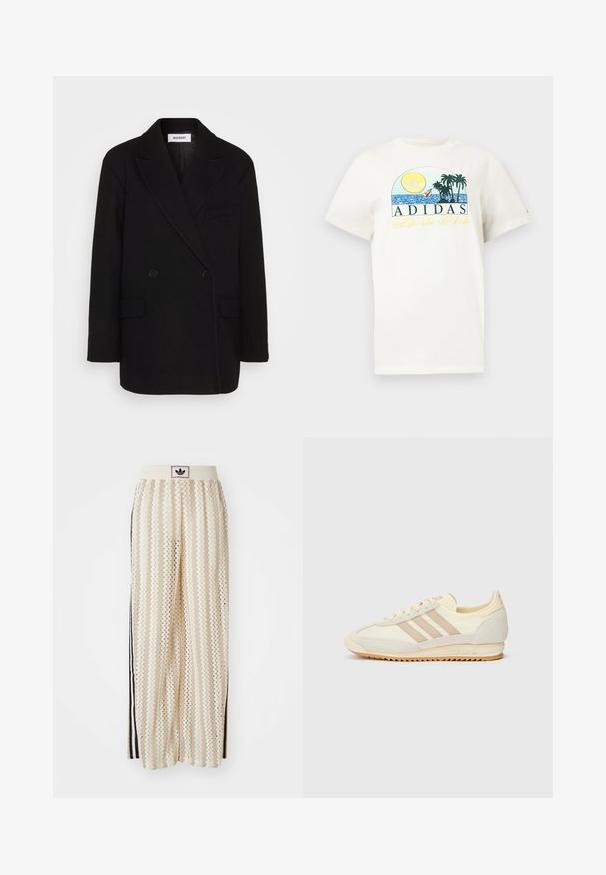 Black double-breasted coat with notched lapels, two front pockets, and smooth texture. Tag visible inside collar. Classic tailored design.; White cotton t-shirt featuring a graphic design with a sun, palm trees, and water. "ADIDAS Sports Club" printed in green and yellow.; Cream-colored wide-leg pants with a zigzag pattern, featuring a black logo waistband and side black stripes. Lightweight, textured fabric.; Cream athletic sneaker featuring three beige stripes, suede and textile materials, a textured sole, and embossed branding on the heel.
