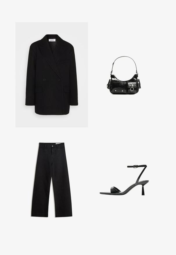 Musta kaksirivinen takki, jossa on lovetut kaulukset, kaksi etutaskua ja sileä pinta. Tagi näkyvissä kauluksessa. Klassinen muotoiltu malli.; Valkoinen puuvillapaita, jossa on pyöreä pääntie, hihattomat hihat ja istuva muotoilu. Sujuva rakenne ilman kuvioita tai koristeita.; Mustat leveät farkut korkealla vyötäröllä, joissa on etu- ja takataskut, ommellut saumat ja nappisuljenta. Silkinoinen rakenne.; Bershka Korolliset sandaalit - black; Mustekko mustasta kiiltonahasta valmistettu käsilaukku, jossa on kaareva muoto, yksi olkahihna, etutaskut ja hopeanväriset yksityiskohdat.