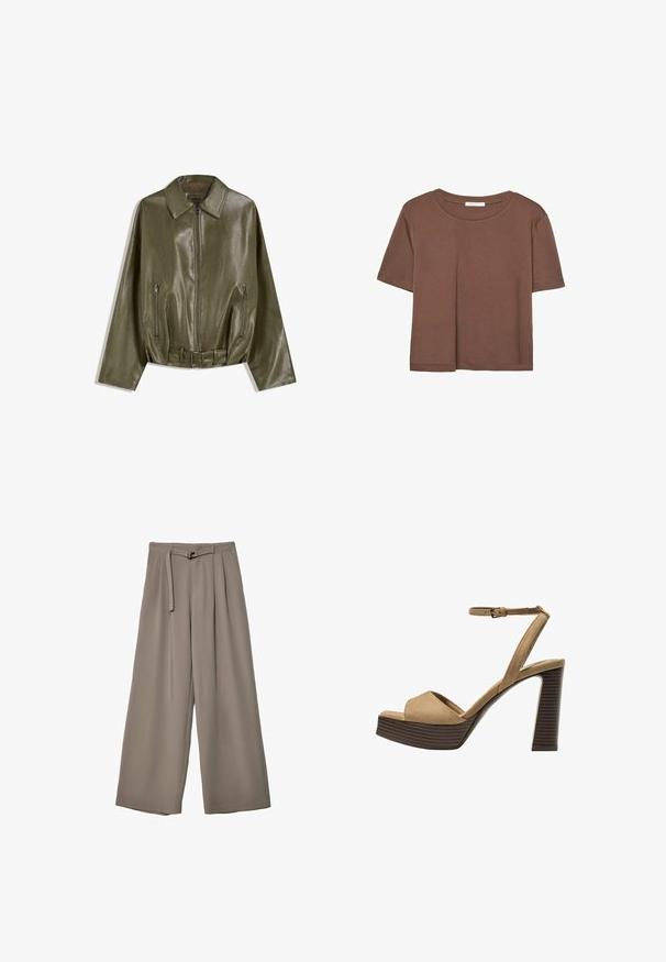 Giacca in pelle verde oliva con finitura lucida, dotata di zip frontale, due tasche laterali con cerniera e vita con cintura.; Maglietta a maniche corte marrone realizzata in tessuto morbido, con scollatura rotonda e vestibilità rilassata. Nessun motivo o dettaglio visibile.; Pantaloni a gamba larga in un morbido tessuto grigio tenue, con vita con cintura e pieghe per un tocco di design aggiuntivo. Texture liscia, senza motivi.; Sandali con tacco alto in suede beige, con una larga fascetta anteriore e una fascetta alla caviglia, dotati di un tacco blocco in legno spesso con una finitura testurizzata.