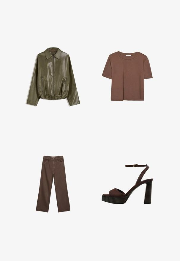 Giacca in pelle verde oliva con finitura lucida, dotata di zip frontale, due tasche laterali con cerniera e vita con cintura.; Maglietta a maniche corte marrone realizzata in tessuto morbido, con scollatura rotonda e vestibilità rilassata. Nessun motivo o dettaglio visibile.; Jeans a gamba larga marroni in denim, con vita alta, tasche anteriori e chiusura a bottone classica. Tessuto liscio con cuciture sottili.; Sandal in camoscio marrone con tacco alto, punta aperta, cinturino alla caviglia regolabile e suola a piattaforma striata.