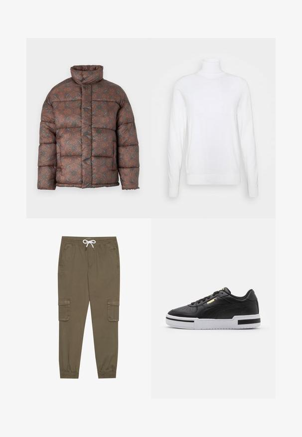 Puhasta jakna z visokim ovratnikom, ki ima geometrijski vzorec v zemeljskih tonih rjave, oranžne in teal, izdelana iz prešite tkanine.; Bela pulover z bolj dolgimi rokavi in visokim ovratnikom, narejen iz gladkega materiala. Ima prilegan kroj ter žametne manšete in rob. Brez vzorcev ali okrasnih detajlov.; Khaki cargo hlače z elastičnim pasom in vrvico, z stranskimi žepi in manšetami na gležnjih. Narejene so iz teksturiranega, lahkega materiala.; Črne usnjene teniske z belo srednjo podlago, perforiranim prstnim delom, zlatim logotipom, podloženim ovratnikom in kontrastnimi črnimi detajli na strani.