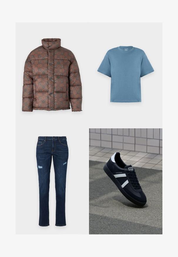 Doudoune avec un col haut, présentant un motif géométrique dans des teintes terreuses de marron, orange et bleu-vert, fabriquée à partir d'un tissu matelassé.; T-shirt bleu à manches courtes, en coton, avec un col rond et une coupe décontractée. Texture lisse, design minimaliste, sans motifs ni accents.; Jean en denim bleu foncé avec une coupe droite, présentant des déchirures usées au niveau des genoux, des poches traditionnelles et des coutures contrastantes visibles.; Sneaker en cuir noir avec des rayures blanches, semelle en caoutchouc texturée et devant à lacets. Présente une étiquette de marque sur la languette.