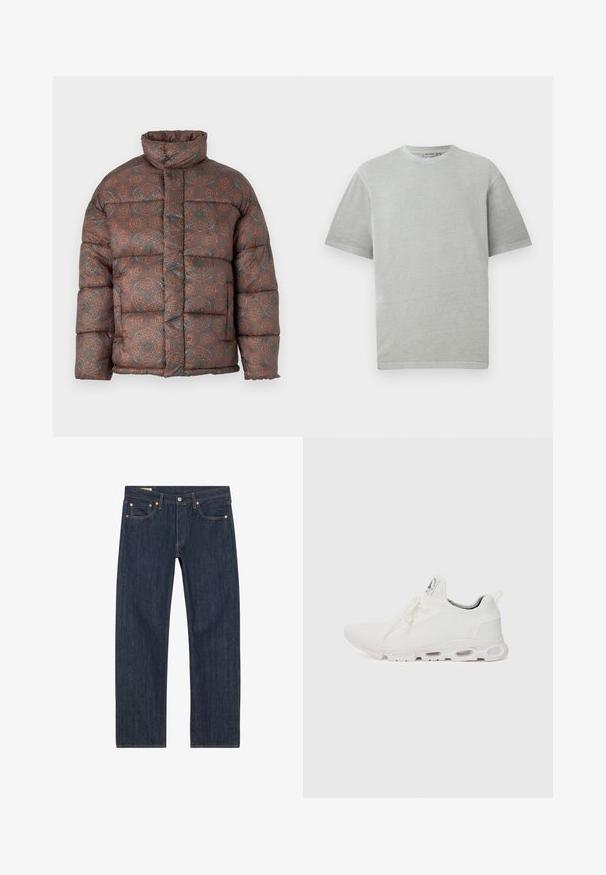 Pufferjack met een hoge kraag, voorzien van een geometrisch patroon in aardse tinten van bruin, oranje en teal, gemaakt van een doorgestikte stof.; Lichtgrijze t-shirt met korte mouwen en ronde hals, weergegeven op een effen witte achtergrond.; Donkerblauwe denim jeans met een rechte snit, voorzien van koperen klinknagels, gele stiksels en voorzakken. Gladde textuur met minimale ontwerpelementen.; Witte sportieve schoenen met een gestructureerde gebreide bovenkant, platte veters en een gevoerde zool met zichtbare luchtkamers voor extra ondersteuning.