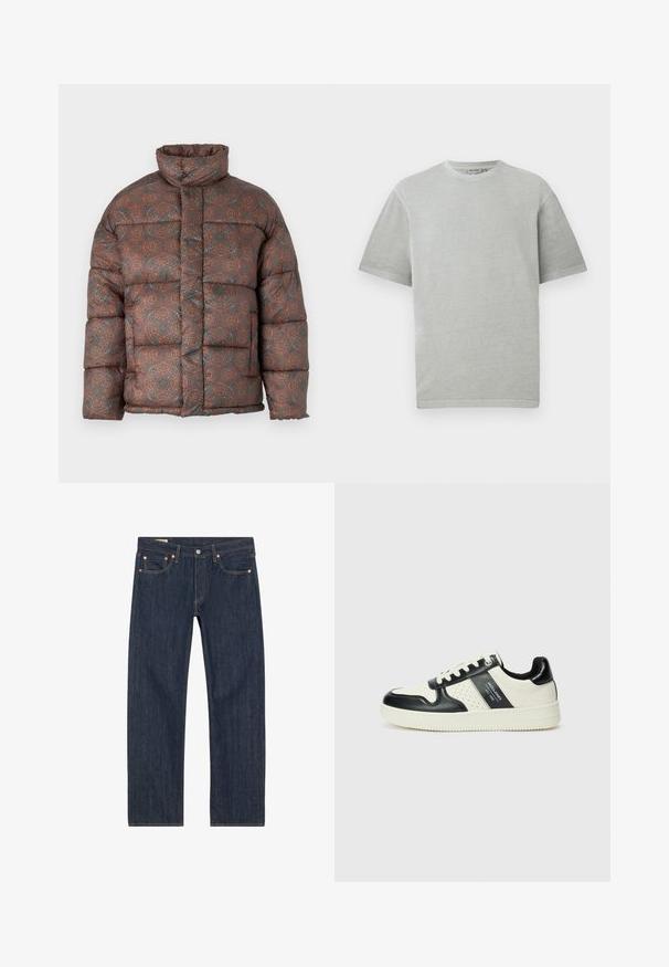 Puffjacka med hög krage, med ett geometriskt mönster i jordnära toner av brunt, orange och teal, tillverkad av ett vadderat tyg.; Ljusgrå t-shirt med korta ärmar och rundad hals, uppställd mot en enkel vit bakgrund.; Mörkblå denimjeans med rak passform, prydda med kopparnitar, gula sömmar och framfickor. Slät textur med minimala designdetaljer.; Läder sneakers med en svart och krämfärgad färgsättning, med perforerade detaljer, en vadderad krage och en strukturerad yttersula.