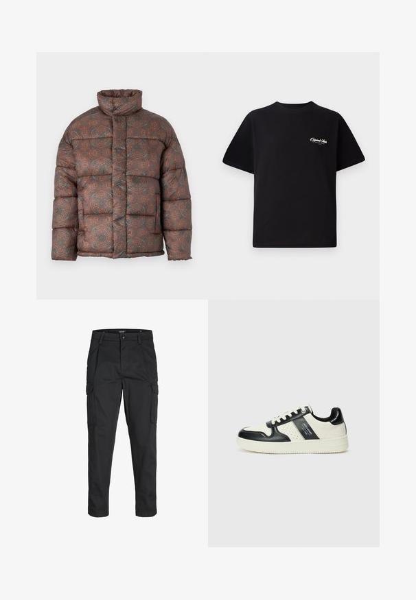 Chaqueta tipo puff con cuello alto, que presenta un patrón geométrico en tonos tierra de marrón, naranja y azul verdoso, hecha de una tela acolchada.; Camiseta de algodón negra con cuello redondo, mangas cortas y pequeño texto en blanco del logo en el lado izquierdo del pecho. Diseño simple, corte clásico.; Pantalones cargo negros hechos de tela resistente, que cuentan con múltiples bolsillos, un cierre de botón y un diseño de corte slim con piernas ajustadas.; Zapatillas de cuero con un esquema de colores negro y crema, que cuentan con acentos perforados, un collar acolchado y una suela texturizada.