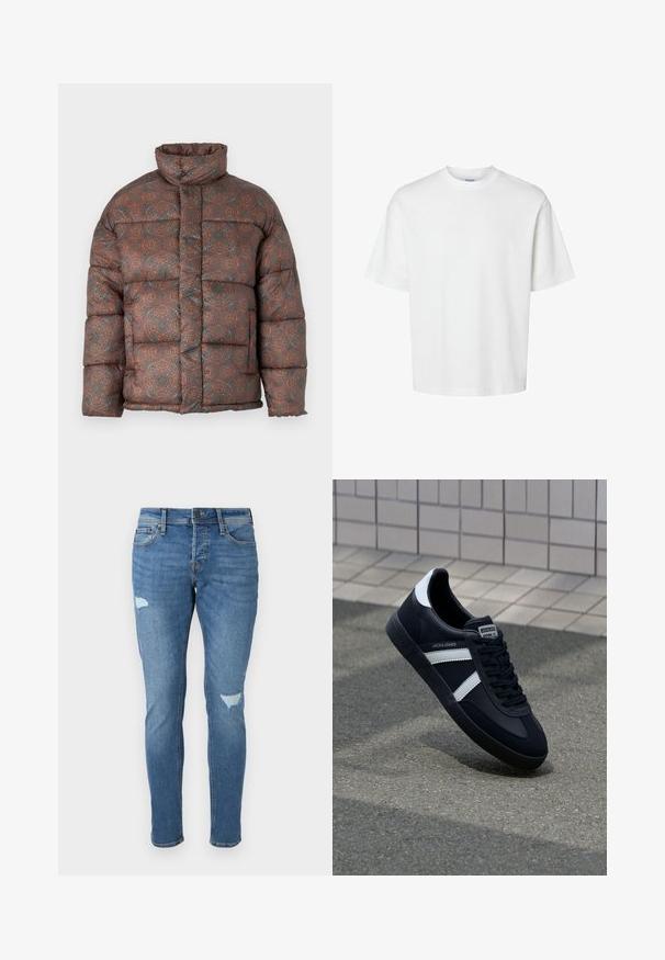 Puffjakke med høj krave, der har et geometrisk mønster i jordfarver som brun, orange og teal, lavet af et kviltet stof.; Hvid bomulds T-shirt med korte ærmer, rund halsudskæring og en afslappet pasform. Glat tekstur uden synlige mønstre eller detaljer.; Fadede blå denim jeans med slim fit, der har slidte områder ved knæene, en knaplukning og fem-lomme design.; Sort lædersneaker med hvide striber, tekstureret gummisål og snørrebånd foran. Har et brandet mærke på tungen.