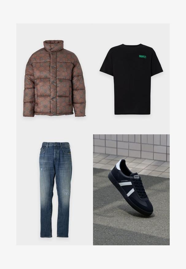 Jachetă puf înaltă, cu un guler mare, având un model geometric în nuanțe pământii de maro, portocaliu și teal, realizată dintr-un material matlasat.; Tricou negru din bumbac, cu mâneci scurte. Prezintă un logo verde "ROOTS" pe față, guler rotund și o potrivire standard.; Jeans din denim cu o culoare albastră decolorată, design cu picior dreapta, uzură moderată pe partea din față și un stil clasic cu cinci buzunare.; Sneaker din piele neagră cu dungi albe, talpă din cauciuc texturat și șireturi. Prezintă un eticheta de marcă pe limbă.