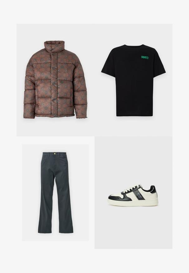 Puffjakke med høj krave, der har et geometrisk mønster i jordfarver som brun, orange og teal, lavet af et kviltet stof.; Sort t-shirt lavet af bomuld med korte ærmer. Har et grønt "ROOTS" logo på forsiden, rund halsudskæring og almindelig pasform.; Sorte bukser med lige ben, lavet af en bomuldsblandingsstof. Har en metalknaplukning og sidelommer. Ingen synlige mønstre.; Lædersneakers i sort og creme farveskema, med perforerede detaljer, en polstret krave og en struktureret ydersål.