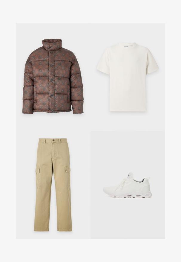 Puffjakke med høj krave, der har et geometrisk mønster i jordfarver som brun, orange og teal, lavet af et kviltet stof.; Hvid kortærmet T-shirt i ribbet tekstur. Rund halsudskæring, løs pasform, ingen synlige mønstre eller accenter. Enkel og alsidig design.; Beige cargo bukser lavet af bomuld, med to sidelommer, knaplukning og lige ben i et let tekstureret stof.; Hvide atletiske sko med en tekstureret strikket overdel, flade snørebånd og en polstret sål med synlige luftkamre for ekstra støtte.