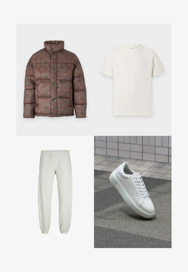 Doudoune avec un col haut, présentant un motif géométrique dans des teintes terreuses de marron, orange et bleu-vert, fabriquée à partir d'un tissu matelassé.; T-shirt blanc à manches courtes en texture côtelée. Encolure ronde, coupe décontractée, sans motifs ni accents visibles. Design simple et polyvalent.; Pantalons de survêtement blancs en tissu doux, avec une taille et des poignets élastiques, présentant une texture lisse et un design ample.; Baskets en cuir blanc avec une surface lisse, bout rond et lacets plats blancs. Présentent une semelle en caoutchouc texturée et des éléments de design minimalistes.