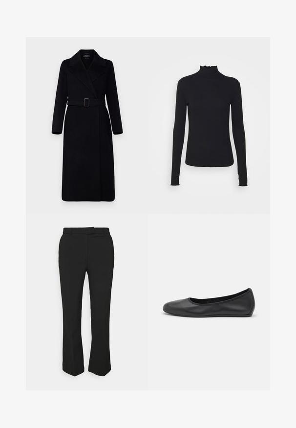 WEEKEND MaxMara MANU - Klassischer Mantel - nero; Schwarz, langärmliges Turtleneck-Oberteil aus glattem Material, mit einem gerafften Kragen und einer enganliegenden Silhouette mit einfachen Kanten.; Schwarze, maßgeschneiderte Hose mit geradem Bein, ausgestattet mit Gürtelschlaufen und Seitentaschen. Hergestellt aus glattem Stoff mit sauberem Finish.; Schwarze Leder-Ballettschuhe mit abgerundeter Spitze, glatter Textur, minimalen Nähdetails und einem flexiblen Sohlen-Design.