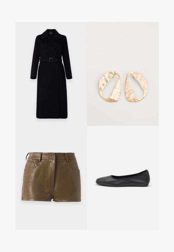 Weekend Max Mara MANU - Klassischer Mantel - nero; Langärmliges weißes T-Shirt aus geripptem Baumwollstoff, mit rundem Ausschnitt und geradem Saum. Einfaches Design ohne Muster oder Akzente.; Braune Kunstleder-Shorts mit tailliertem Schnitt, Bund mit Gürtelschlaufen, frontale Taschen und sichtbaren Steppnähten.; Schwarze Leder-Ballettschuhe mit abgerundeter Spitze, glatter Textur, minimalen Nähdetails und einem flexiblen Sohlen-Design.; Ein Paar unregelmäßige, oval geformte Ohrringe aus goldfarbenem Metall mit einer strukturierten, leicht gehämmerten Oberfläche auf weißem Hintergrund.