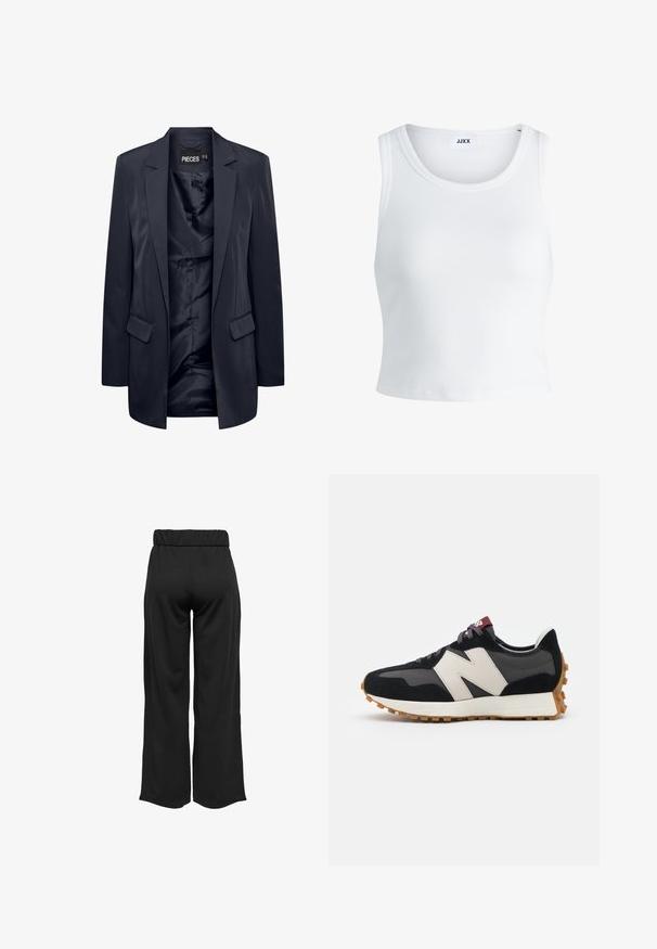 Blazer bleumarin confecționat dintr-un material neted, cu rever în vârf, două buzunare frontale și un interior simplu, necaptusit.; Top alb cu detalii texturate, cu guler rotund, fără mâneci și lungime scurtă. Eticheta spune "JJXX." Textură de țesătură netedă.; Pantaloni negri, cu croi larg și talie elastică, realizați dintr-un material neted. Au un design simplu, fără buzunare sau detalii de cusătură vizibile.; Adidași din suede negru și gri cu un mare logo "N" de culoare crem, sireturi purpurii și o talpă din cauciuc texturat de culoare gumă.