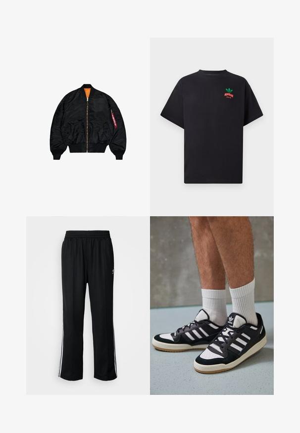 Μαύρο bomber jacket με ομαλή υφή, πορτοκαλί επένδυση, κλείσιμο με φερμουάρ, ριμπ μανσέτες και εξωτερική θήκη με φερμουάρ και κόκκινο τράβηγμα.; Μαύρο βαμβακερό μπλουζάκι με κοντά μανίκια, με σχέδιο λογότυπου Adidas σε πράσινο και κόκκινο χρώμα στο στήθος. Απλή, άνετη εφαρμογή.; Μαύρο αθλητικό παντελόνι με ελαστική μέση, διαθέτει λευκές ρίγες στο πλάι και ένα μικρό λογότυπο. Το υλικό φαίνεται μαλακό και ελαφρύ.; Μαύρα και λευκά αθλητικά παπούτσια με άνω μέρος από σουέτ και δέρμα, featuring τρεις λευκές ρίγες, περατά δάχτυλα και σόλα από καουτσούκ τύπου γκαστ.