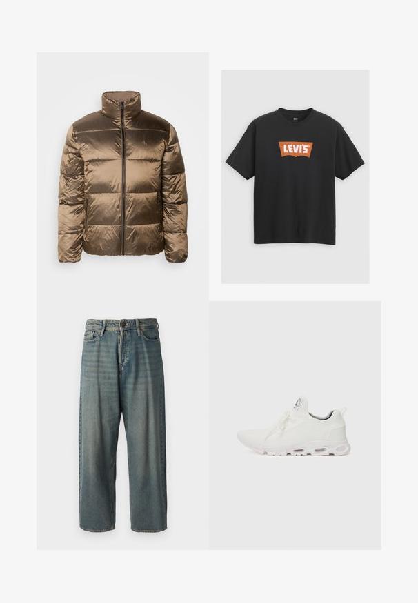 Pufferjakke i bronse satin finish, med høy krage, frontlynlås og quiltede seksjoner for polstring.; Svart bomulls t-skjorte med stort oransje Levi's-logo på forsiden, korte ermer og rund hals.; Lyseblå denimjeans med løs passform, midjehøyde og rette ben. Har fem lommer, beltehemper og knappelukking.; Hvite atletiske sko med et teksturert strikket overdel, flate snører og en polstret såle med synlige luftkamre for ekstra støtte.