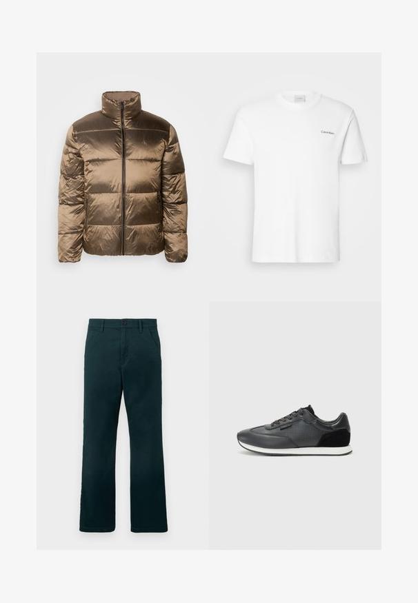 Pufjakas bronzas satīna apdarē, ar augstu apkakli, priekšējo rāvējslēdzēju un quiltētiem ieliktņiem pildījumam.; Balts kokvilnas T-krekls ar īsām piedurknēm un apaļu kakla izgriezumu. Ar mazu melnu "Calvin Klein" logotipu kreisajā krūtīs.; Tumši zaļi taisni bikses ar jostu cilpiņām, sānu kabatām un pogu aizdari uz vienkārša balta fona.; Melni sporta kurpju zābaki, kas izgatavoti ar ādas augšdaļu, ar perforētu dizainu, zamšādas akcentiem un baltu gumijas zoli. Klasiska auklu pievēršana.