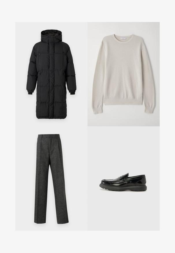 Μαύρο παλτό επενδεδυμένο με ψηλό γιακά, κρυφές φερμουάρ, ελαστικούς μανσέτες και πλαϊνές τσέπες. Ορθογώνιο σχήμα, λεία υφή και αεροδυναμικός σχεδιασμός.; Ανοιχτό μπεζ πουλόβερ φτιαγμένο από μαλακό πλεκτό ύφασμα. Στρογγυλή λαιμόκοψη, μακριά μανίκια, ριγέ μανσέτες και στρίφωμα με λεπτομέρεια υφής.; Γκρι tailored παντελόνι από υφασμάτινη υφή, με δύο καμπυλωτές πτυχές μπροστά και ίσια γραμμή. Χωρίς ορατές τσέπες ή διακοσμητικά στοιχεία.; Μαύρο δερμάτινο λούστρο με γυαλιστερή φινίρισμα, στρογγυλή μύτη, διακριτικές ραφές και παχύ καουτσούκ σόλα για ανθεκτικότητα.