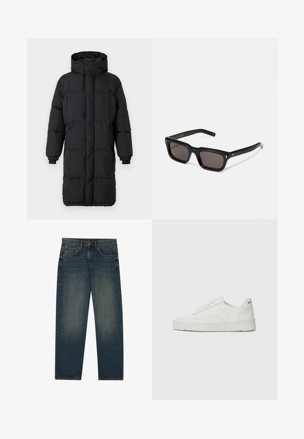 Black padded coat with a high collar, concealed zippers, elastic cuffs, and side pockets. Rectangular shape, smooth texture, and streamlined design.; Blue and black zip-up sweatshirt with white accents, featuring "RACING" logo in bold font, high collar, and two zippered pockets.; Dark blue denim jeans with a straight cut, five pocket design, and a slight faded texture on the legs. Suitable for casual wear.; White leather sneaker with a smooth finish, round toe, flat laces, and a textured sole. Features a subtle logo on the heel.; Black rectangular sunglasses with dark lenses, thick plastic frame, gold accents on temples, and brand logo engraved on the arm.