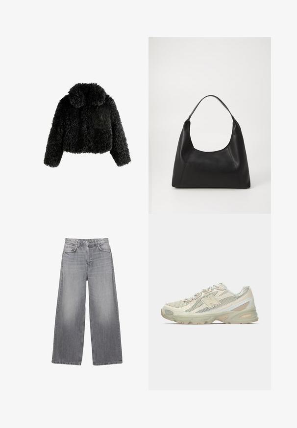 Černá zkrácená bunda vyrobená z nadýchané texturované tkaniny. Má zaoblený límec a dlouhé rukávy a působí měkkým a útulným dojmem.; Šedý pletený svetr s kulatým výstřihem a dlouhými rukávy, ribbovanými manžetami a lemem, položený na bílem pozadí.; Šedé džíny s širokými nohavicemi a vysokým pasem, pět kapes, vybledlý vzhled a kontrastní švy. Obsahují zapínání na knoflík a poutka na opasek.; Lehké tenisky s vrchní částí ze síťoviny v béžové a krémové barvě, s výrazným logem "N", polstrovanou podrážkou a texturovanými detaily.; Černá kožená kabelka s pohodlným držadlem, hladkým povrchem a minimalistickým designem. Má ostré strany a široké víko.