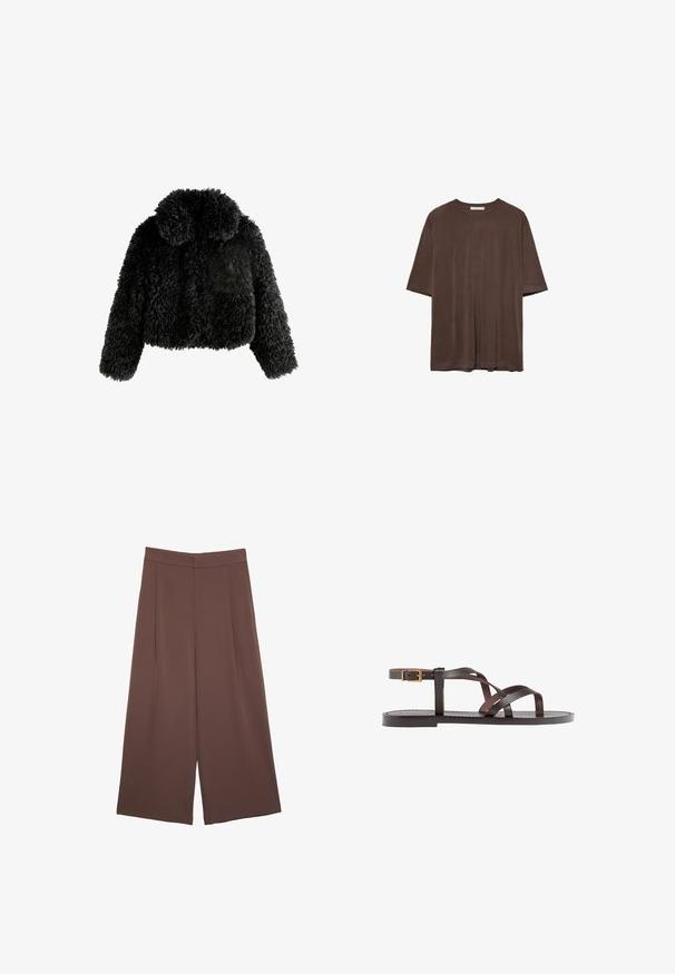 Schwarze, kurz geschnittene Jacke aus flauschigem, strukturiertem Stoff. Verfügt über einen runden Kragen und lange Ärmel mit einem weichen, gemütlichen Erscheinungsbild.; Braunes kurzärmeliges T-Shirt aus weichem Stoff, mit Rundhalsausschnitt und lockerer Passform. Glatte Textur ohne Muster oder Akzente.; Braune Weite-Leg-Hosen mit einer glatten Textur, hoher Taille und Vorderfalten. Der Stoff ist leicht und fällt locker.; Braune Leder-Sandale mit überkreuzten Riemen, einem Knöchelriemen mit Schnalle und einer flachen Sohle mit minimalen Nähdetails.