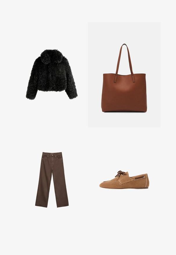 Veste noire coupée en tissu moelleux et texturé. Possède un col rond et des manches longues, avec une apparence douce et confortable.; T-shirt marron à manches courtes en tissu doux, avec un col rond et une coupe décontractée. Aucun motif ni accent visible.; Jean brown à jambes larges en denim, doté d'une taille haute, de poches avant et d'une fermeture à bouton classique. Texture lisse avec des coutures subtiles.; Chaussures en suède marron avec un bout arrondi, des détails cousus sur les côtés et des lacets marron. Présentent des oeillets en métal et une semelle plate.; Sac fourre-tout en cuir marron avec une texture lisse, design à ouverture supérieure et deux poignées pour le porter à l'épaule. Présente des coutures minimales et aucun matériel visible.