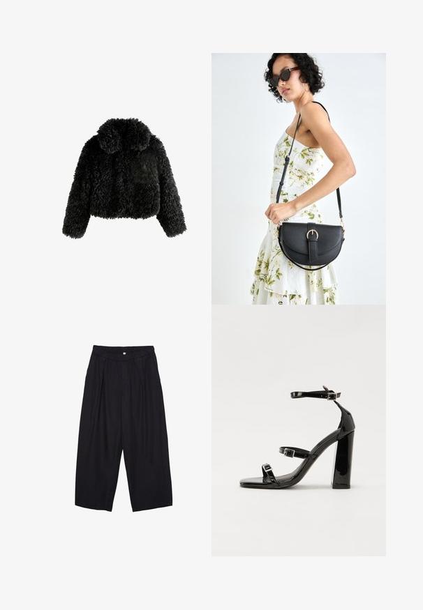 Zwarte croptop jas van donzig, textured materiaal. Heeft een ronde kraag en lange mouwen, met een zachte, gezellige uitstraling.; Zwarte lange mouwen cropped top met ronde halslijn, eenvoudige ontwerp en een licht gebogen zoom.; Zwarte polyester culottes met een elastische tailleband, twee voorkreukels en een losse pasvorm. Geen zichtbare patronen of hardware-details.; Zwarte gepatenteerde sandalen met hak en een vierkante neus, enkelbandjes en zilveren gespen. Heeft een stevige blokhak voor stabiliteit.; Zwarte leren handtas met een gebogen vorm, afneembare schouderband en gouden hardware. De tas heeft een klep met een gespsluiting.