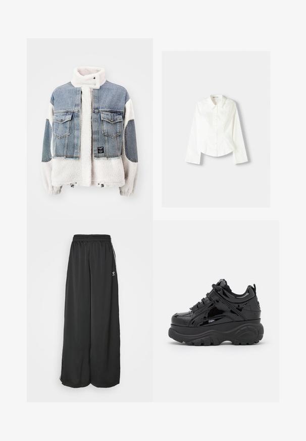 Jeans- og fleecejakke med cropped design. Har en lyseblå denimudvendig og hvid blød fleecefor, to brystlommer og snor i kanten.; Hvid skjorte med lange ærmer, der har en klassisk krave, struktureret pasform og subtile vertikale syninger for ekstra detaljer.; Sorte løstsiddende træningsbukser lavet af glat stof. Har en elastisk talje og sidelogsstriber med logoaccents.; Sorte platform sneakers med en blank patentfinish, featuring tykke gummisåler, snørebåndsdesign og logo detalje på siden.