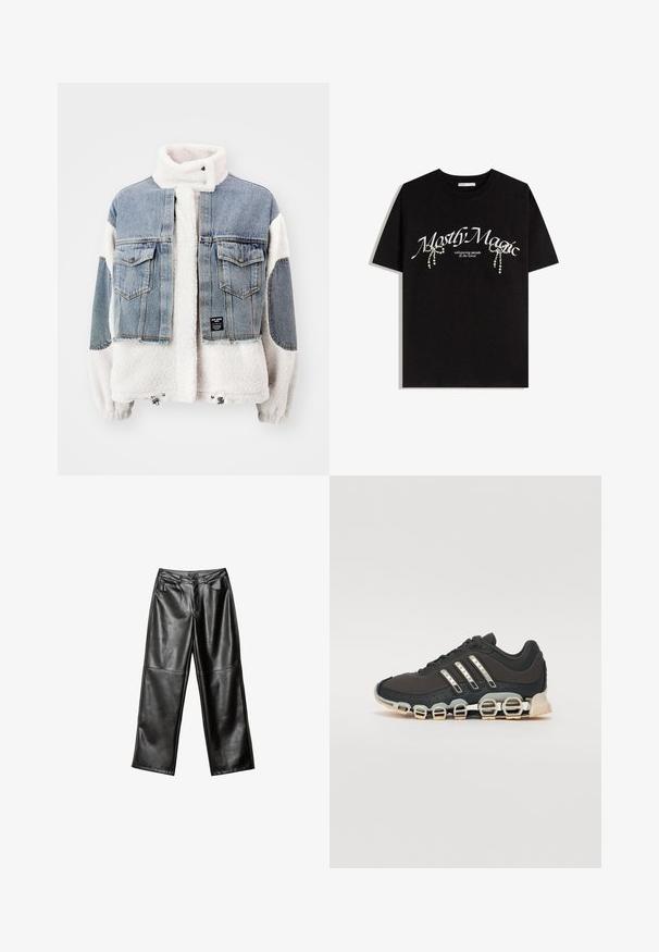 Veste en denim et en polaire avec un design cropped. Comprend un extérieur en denim bleu clair et une doublure en polaire blanche, deux poches poitrine et un ourlet avec cordon de serrage.; T-shirt en coton noir avec le texte "Mostly Magic" en blanc, orné d'accents décoratifs en perles. Manches courtes, coupe décontractée, col rond.; Pantalons larges en cuir noir avec une texture lisse, conception à cinq poches et détails cousus le long des jambes et de la taille.; Chaussure de sport noire avec un dessus texturé, trois bandes argentées et une semelle amortissante distinctive comportant plusieurs sections intégrées.