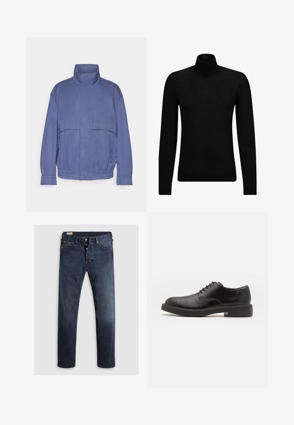 Jachetă ușoară, de culoare albastră, cu guler înalt, buzunare frontale și tiv elastic. Fabricată dintr-un material neted, cu un finisaj ușor texturat.; Pulover negru cu guler înalt, realizat dintr-un material moale, cu mâneci lungi și o croială ajustată. Tiv și mansete cu margine ondulată. Design simplu.; Jeans din denim de culoare albastru închis, cu croială dreaptă, având fermoar, butoane metalice și detalii cu nituri din cupru. Textură netedă, fără modele vizibile.; Pantofii din piele neagră, cu șireturi, au vârful rotunjit, o textură netedă, cusături minime și un toc de cauciuc scăzut. Logo pe toc.