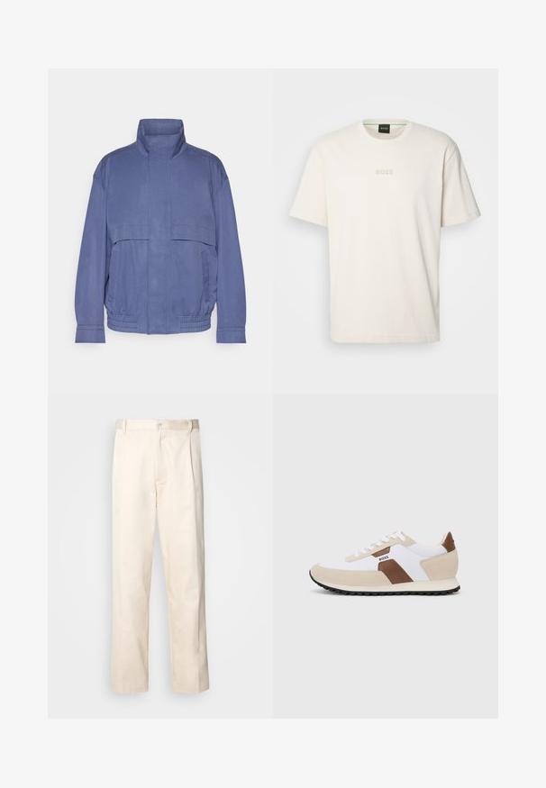Lightweight blue jacket with high collar, front pockets, and elasticized hem. Made from smooth fabric with a slightly textured finish.; BOSS TEE - Basic T-shirt - open white; Beige cotton trousers with a straight-leg cut, featuring a button closure and pleats at the front for added detail.; Sneakers featuring a mix of white mesh and beige suede, with a brown leather accent. Rounded toe, flat rubber sole, and lace-up design.