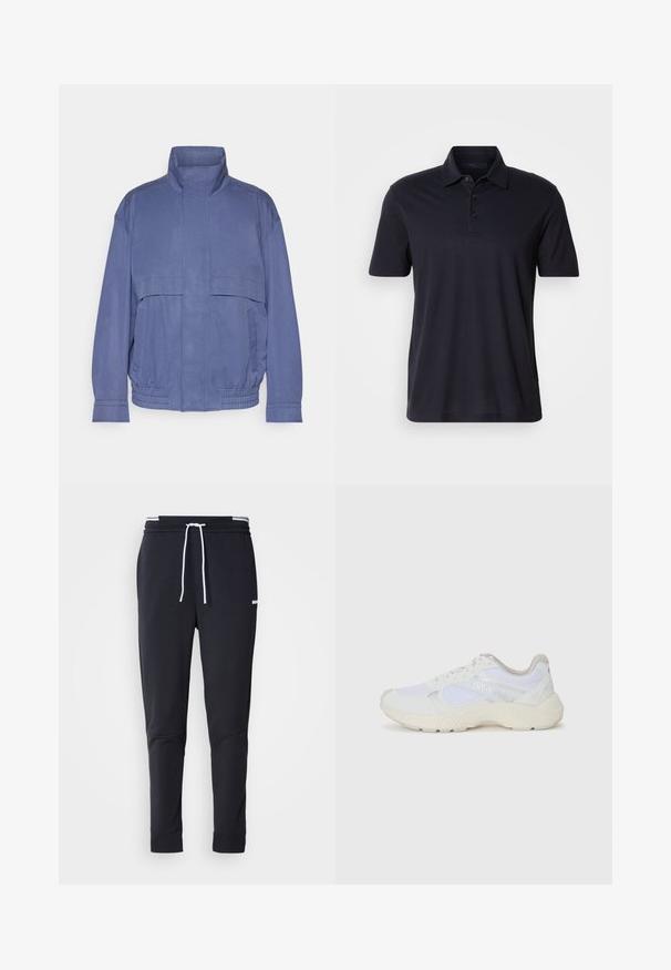 Lahki modri jopič z visokim ovratnikom, sprednjimi žepi in elastičnim robom. Narejen iz gladkega blaga z rahlo teksturirano površino.; Temno mornarsko modra polo majica kratkih rukavov s ovratnikom in trimi gumbi, prikazana na enostavni svetli podlagi.; Črne slim-fit jogger hlače z belo vrvico, elastičnim pasom z belimi črtami in majhnim belim logotipom na zgornjem stegnu.; Bela športna obuvala iz mrežastega in semiš materiala, z teksturiranim podplatom, teksturiranimi dodatki in logotipom "HUGO" na strani.