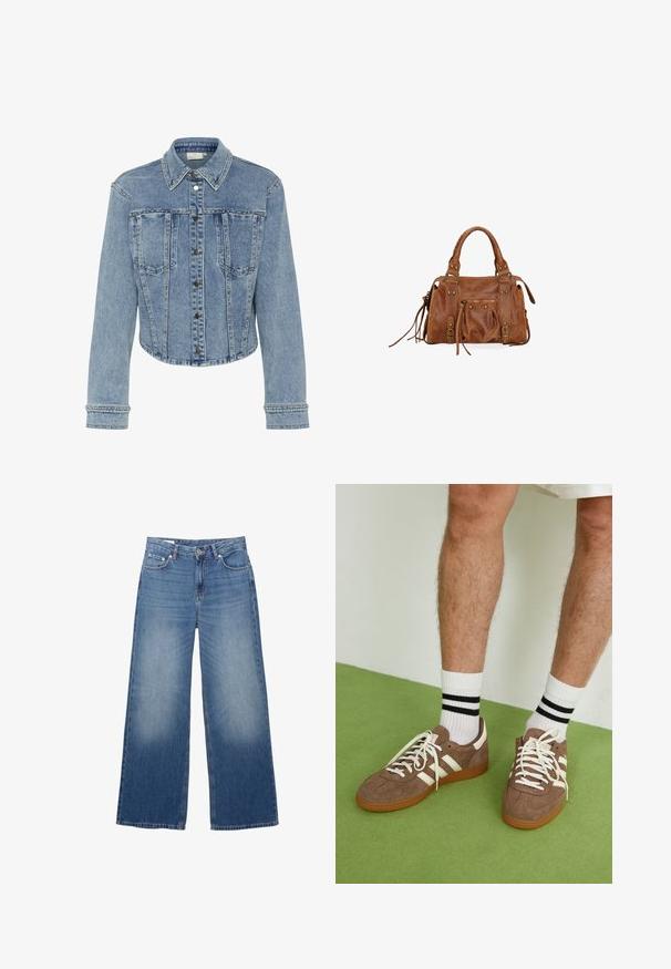 Hellblaues Jeansjacke mit einem taillierten Design, ausgestattet mit einem spitzen Kragen, Druckknöpfen und nietenbesetzten Akzenten entlang der Nähte und Taschen.; Marinefarbener, kürzer geschnittener Cardigan aus weichem Material mit langen Ärmeln, rundem Halsausschnitt und sechs Knöpfen, die vorne geschlossen werden.; Weißes Langarmoberteil aus glattem Stoff. Mit rundem Ausschnitt, überschnittenen Schultern und lockerem Schnitt mit leicht geschwungener Saumlinie.; Weite, hellblaue Denim-Jeans mit verwaschenem Aussehen, fünf Taschen und einem Knopfverschluss an der Taille. Baumwollmaterial, gerade geschnitten.; Braune Wildleder-Sneaker mit weißen Akzenten und Schnürsenkeln. Gummisohle in Kautschuk-Optik. Getragen mit weißen Socken, die schwarze Streifen haben. Grüner strukturierter Fußboden.; Braune Lederhandtasche mit zwei Obergriffen, Reißverschlusstaschen und dekorativen Fransen. Verfügt über Metallnieten und eine strukturierte Oberfläche.