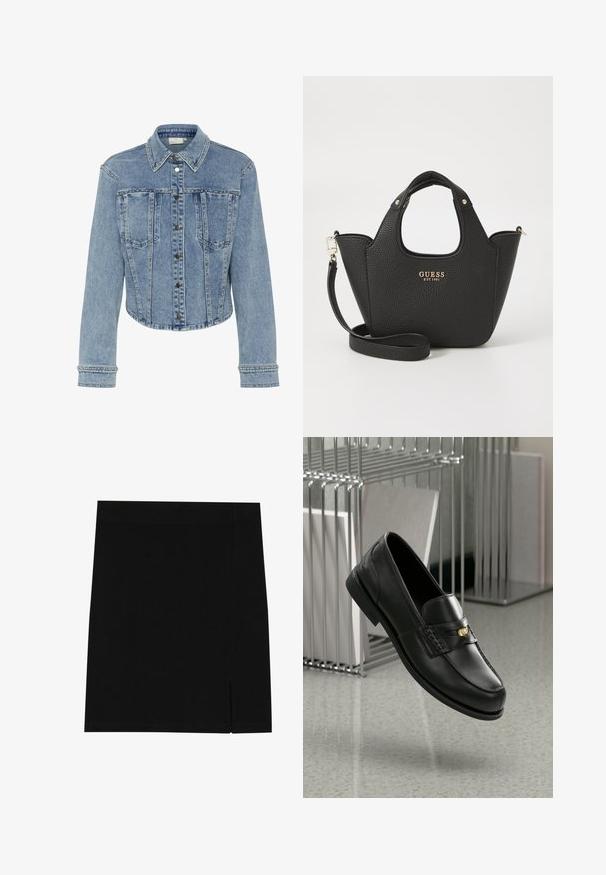 Gai zilgans džinsa jaka ar īsu dizainu, ar norādītu apkakli, spiežamām pogām un kniedētu apdari gar šuvēm un kabatām.; Balts garais piedurkņu ribotais tops ar plakanu apkakli. Audums ir gluds, ar smalku tekstūru un pieguļošu dizainu. Nav redzamu piederumu vai rakstu.; Melna mini svārku izgatavota no mīksta auduma ar pieguļošu dizainu, kurai sānos ir neliela šķirba papildu detaļām.; Melnas ādas loafer kurpes ar gludu apdari, kurām ir dekoratīvs bands un neliela zelta akcenta detaļa. Zole ir plakana ar noapaļotu pirkstu.; Melna teksturēta somiņa ar īsām rokturēm un noņemamu plecu siksnu. Iezīmēta ar zelta logotipa akcentu. Kompakta, strukturēta forma.