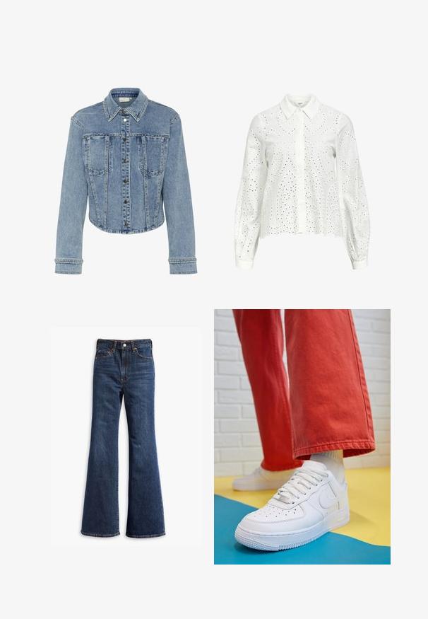 Chaqueta de mezclilla de color azul claro con un diseño corto, que presenta un collar puntiagudo, botones a presión y adornos de tachuelas a lo largo de las costuras y los bolsillos.; Camisa blanca de manga larga con cuello, que presenta bordados de ojales en un patrón de paisley y botones en la parte delantera.; Jeans de mezclilla de tiro alto en azul oscuro, con piernas acampanadas, cierre delantero de botón y cremallera, y diseño de cinco bolsillos.; Zapatilla de cuero blanco con caja de dedos perforada, suela texturizada y cordones blancos, combinada con pantalones rojos amplios y un fondo azul y amarillo.