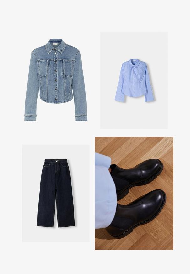 Giacca in denim blu chiaro con design cropped, caratterizzata da un colletto a punta, bottoni a scatto e ornamenti in borchie lungo le cuciture e le tasche.; Camicia a maniche lunghe con bottoni a righe blu e bianche, colletto all'inglese, vestibilità aderente e orlo curvato. Materiale in cotone strutturato.; Jeans a gamba larga in denim blu scuro con vita alta, cinque tasche, cuciture a contrasto e hardware in metallo argentato. Texture liscia e finitura pulita.; Stivaletti neri realizzati in pelle liscia con pannelli laterali elasticizzati, suola in gomma testurizzata e cuciture a contrasto lungo il bordo.