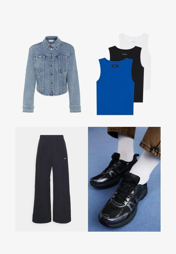 Ljusblå denimjacka med kort design, med spetsig krage, tryckknappar och nitar längs sömmarna och fickorna.; Tre ärmlösa tröjor i blått, svart och vitt. Tyget är ribbat med rund halsringning. Varje tröja har en etikett märkt "even&odd."; Svarta byxor med vida ben, elastisk midja och en liten vit Nike-logotyp. Tyget har en slät yta, designad för komfort och avslappnad användning.; Svarta Nike sportskor med en mesh-överdela och glansiga detaljer, svarta snörningar och en texturerad sula. Matchas med vita ribbade strumpor.