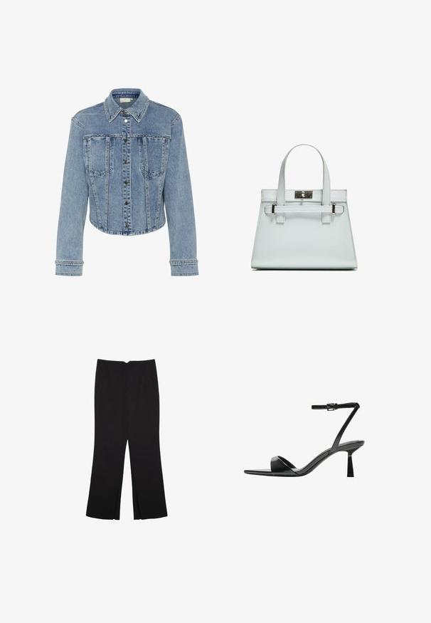 Svijetloplavi traper jakna s skraćenim dizajnom, koja ima šiljati ovratnik, dugmad na pritisak i zakovice duž šavova i džepova.; Crni top bez rukava od pamuka, s okruglim izrezom i širokim izrezima za ruke. Glatka tekstura s ušivenim rubovima. Klasičan, minimalistički dizajn.; Crne hlače ravnog kroja, s prednjim džepovima i bočnim prorezima na rubu. Izrađene od mekog i glatkog materijala. Pogodne za razne prigode.; Bershka Sandale s visokom petom - black; Svijetloplavi ručni kovčeg sa strukturiranim dizajnom, dva držača i kopčom od srebrnastog metala. Teksturirani materijal i oštri kutovi.