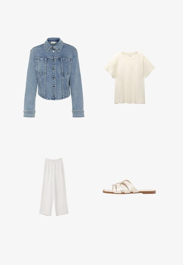 Giacca in denim blu chiaro con design cropped, caratterizzata da un colletto a punta, bottoni a scatto e ornamenti in borchie lungo le cuciture e le tasche.; Maglietta a maniche corte beige chiaro con scollatura rotonda, realizzata in un tessuto morbido e liscio. Presenta una vestibilità comoda e un orlo dritto.; Pantaloni a gamba larga bianchi realizzati in un tessuto leggero. Presentano una vita elastica con cordoncino e tasche laterali. Texture liscia.; Infradito con suola in gomma color talpa, progettate con tre cinturini in pelle bianca sovrapposti e un piccolo dettaglio a fiocco al centro.