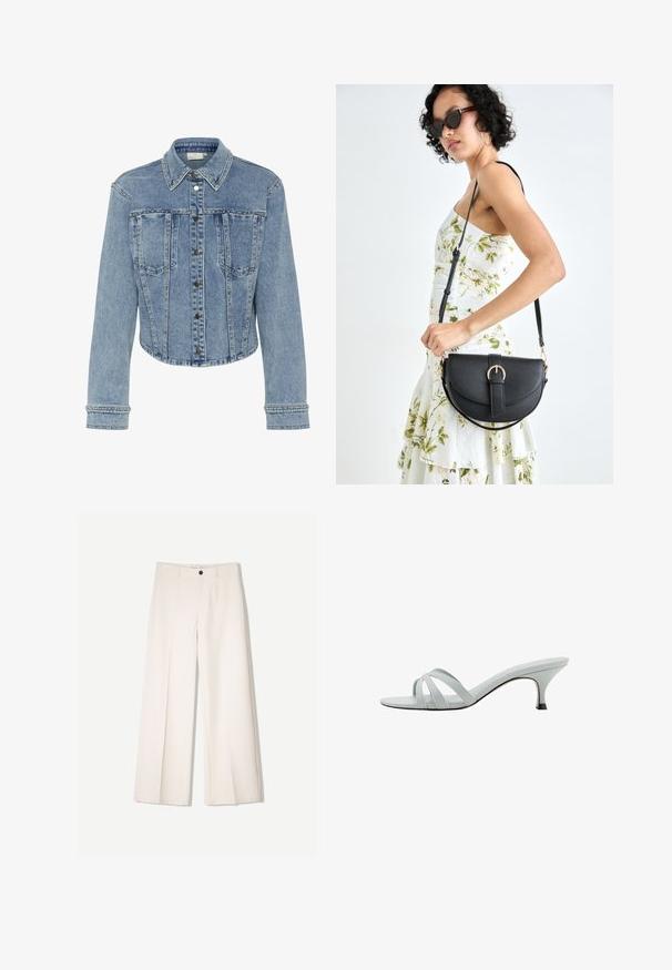 Hellblaues Jeansjacke mit einem taillierten Design, ausgestattet mit einem spitzen Kragen, Druckknöpfen und nietenbesetzten Akzenten entlang der Nähte und Taschen.; Weißes T-Shirt mit kurzen Ärmeln, lockerer Passform und gerafftem Stoff an der Taille. Aus weichem, leichtem Material gefertigt.; Cremfarbene weitem Hosen mit maßgeschneidertem Design, ausgestattet mit zwei vorderen Taschen und einem vorderen Knopfverschluss, aus glattem Stoff gefertigt.; Hellgraue Absätze mit drei überkreuzten Riemen, schlankem Profil und spitz zulaufendem Absatz. Glatte Textur mit leicht glänzendem Finish.; Schwarze Lederhandtasche mit geschwungener Form, abnehmbarem Tragegurt und goldenen Beschlägen. Die Tasche verfügt über einen Deckel mit einer Schnallen-Details.