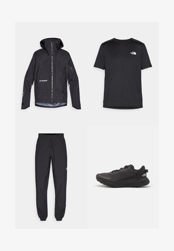 Jachetă neagră impermeabilă cu glugă, buzunare cu fermoar și manșete ajustabile. Are logo-ul "MAMMUT" în alb pe față. Textură netedă.; Tricou negru cu mânecă scurtă, realizat dintr-un material ușor. Prezintă un mic logo alb pe pieptul stâng și accente subtile pe umeri.; Pantaloni atletici negri, confecționați dintr-un material ușor, cu un tiv elastic la talie, buzunare laterale și tivuri ajustate la gleznă.; Pantof de sport negru cu partea superioară din plasă, guler căptușit și talpă din cauciuc. Dispune de un design texturat și de un logo pe călcâi. Construcție ușoară.