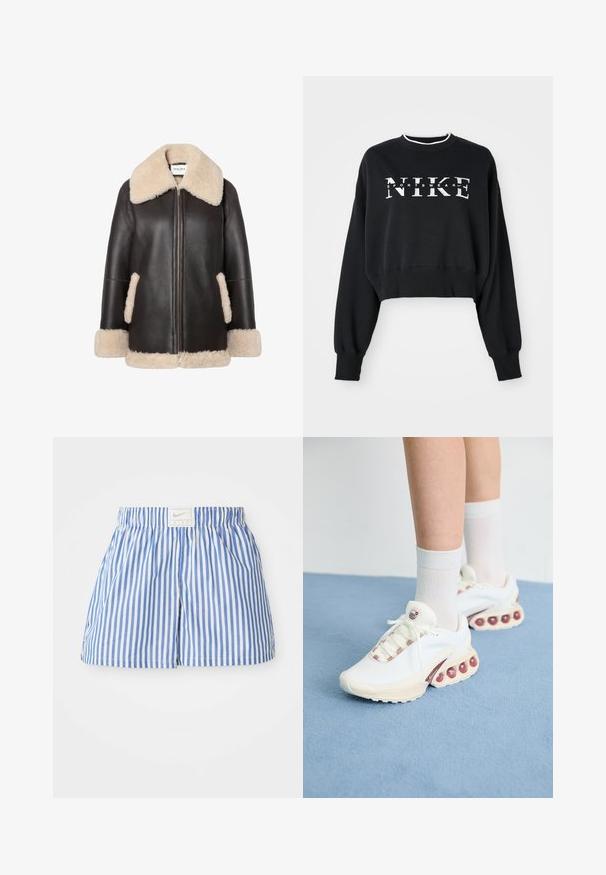 Jacheta din piele marron cu guler și fâșii din blană crem, având un fermoar frontal și buzunare laterale. Textură moale și croială lejeră.; Hanorac negru scurt din bumbac, decorat cu imprimeu alb "NIKE" și "SPORTSWEAR", având manșete și guler cu nervuri.; Șorturi cu dungi albastre și albe, cu un brâu elastic și un etichetă cu logo-ul Nike. Fabricate dintr-un material ușor, cu o textură netedă.; Adidași albi sport cu un superior texturat, având un accent roz pe șireturi și bule de aer mari în talpă.
