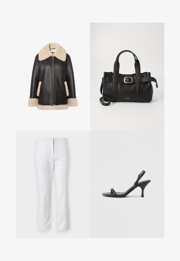 Brown leather jacket with cream shearling collar and trim, featuring a front zipper and side pockets. Soft texture and relaxed fit.; White cotton t-shirt with short sleeves, round neckline, and a relaxed fit. Smooth texture, no patterns or accents, minimalistic design.; White cotton pants with a straight leg design, featuring a mid-rise waist and no visible hardware or patterns. Smooth texture throughout.; Black leather high-heeled sandals with a slim, curved heel and a crossed strap design. Adjustable ankle strap. Smooth texture.; Black leather handbag featuring a structured design, dual top handles, gold-tone buckle accent, and embossed brand logo at the front.