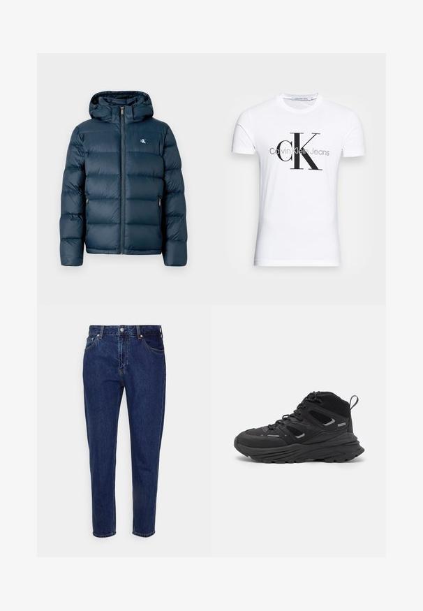 Tumed sinine puffjakkk, millel on kapuuts, esitõmblus, elastsed mansetid ja brändi logo rinnal. Pehme, tikandiga tekstuur.; Valge puuvillane T-särk, millel on must "CK" logo ja "Calvin Klein Jeans" tekst, lühikesed varrukad ning klassikaline ümmargune kaelus.; Tumed sinise denimi teksad, sirge sääre disainiga, viie taskuga ja nupuväärisega kinnitusega. Omab peenet kulumist ja õmbluse detailimist.; Mustad matkajalatsid, millel on kihiline disain, tekstureeritud kangas ja kummist tallad, tugevduskohtadega ning sidumisfront.