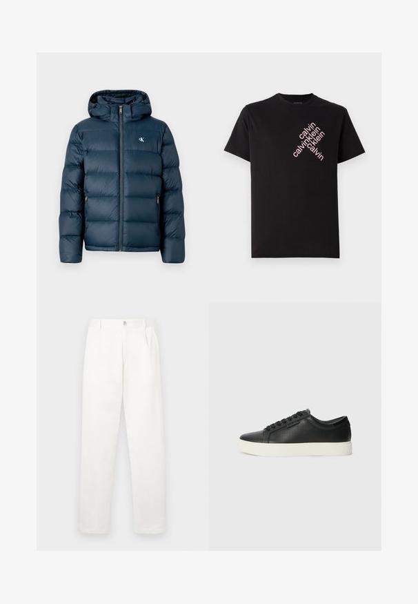 Giacca a vento blu navy imbottita con cappuccio, dotata di zip frontale, polsini elasticizzati e logo del brand sul petto. Testura morbida e trapuntata.; T-shirt in cotone nero con stampa diagonale del logo "calvin klein" in rosa sul davanti. Maniche corte e scollo rotondo.; Pantaloni bianchi realizzati in tessuto liscio, con un design a gamba dritta, pieghe frontali e una chiusura a bottone singolo in vita.; Sneaker nere in pelle con texture perforata, punta tonda e suola piatta in gomma bianca. Presentano lacci neri e un logo discreto sul lato.