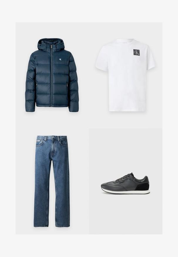 Marineblauwe pufferjack met capuchon, voorzien van een rits aan de voorkant, elastische manchetten en een merklogo op de borst. Zacht, gewatteerd textuur.; Witte katoenen t-shirt met een ronde hals, korte mouwen en een zwart "cK" logo op de linker borst. Klassieke pasvorm en een soepele textuur.; Blauwe rechte spijkerbroek met een hoge taille, knoop- en ritssluiting, voorzakken en een klein wit merketiket op de rechterzak.; Zwarte sport sneakers met een leren bovenwerk, perforaties, suède accenten en een witte rubberen zool. Klassiek vetersluiting ontwerp.